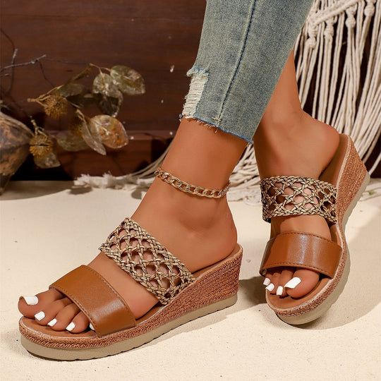 Damen Wedge-Pantoletten mit geflochtenem Riemen und komfortablem Fußbett EB