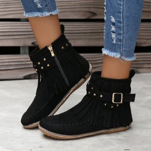 Damen nan knöchelhohe Fransen-Boots in Wildleder-Optik mit dekorativer Schnalle, Ziernieten und gepolstertem Komfortfußbett EB