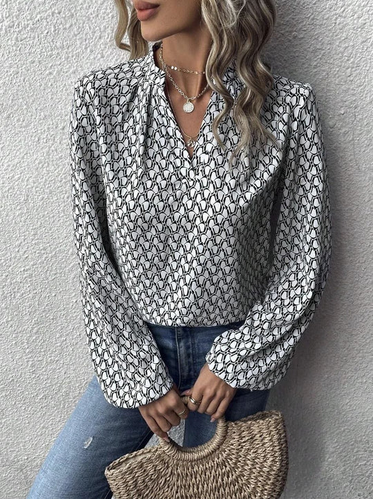 Damen Gemusterte Viskose-Bluse mit Stehkragen und Ballonärmeln EB