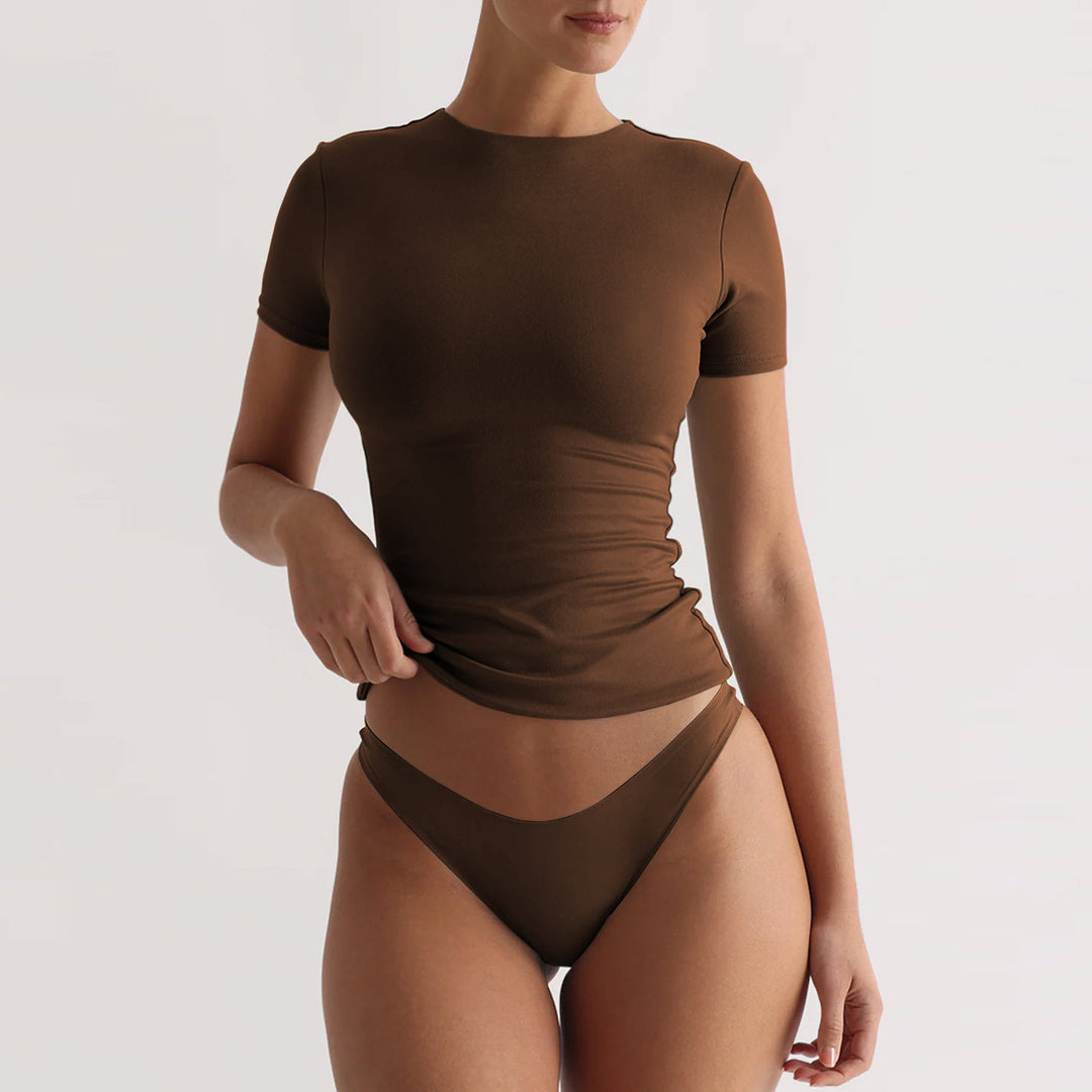 Damen figurbetontes T-Shirt mit Rundhalsausschnitt und kurzem Arm EB