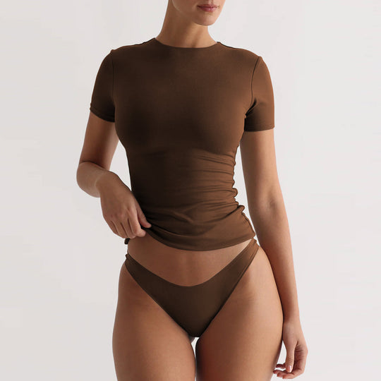 Damen figurbetontes T-Shirt mit Rundhalsausschnitt und kurzem Arm EB