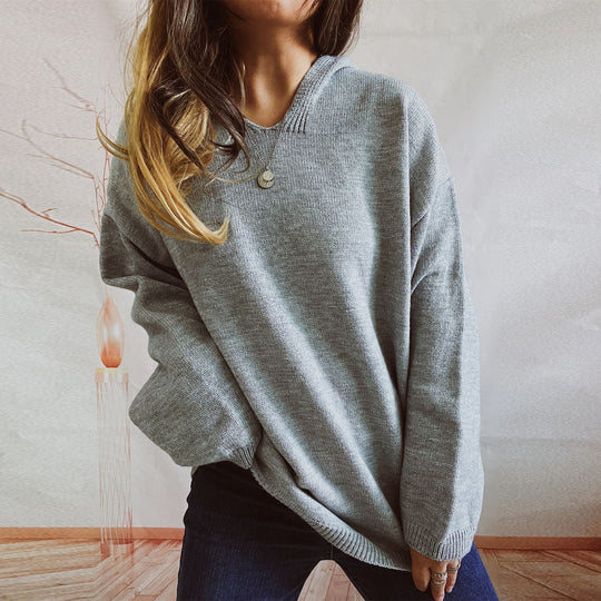 Damen lässiger Strickpullover mit Kapuze und weiten Ärmeln EB