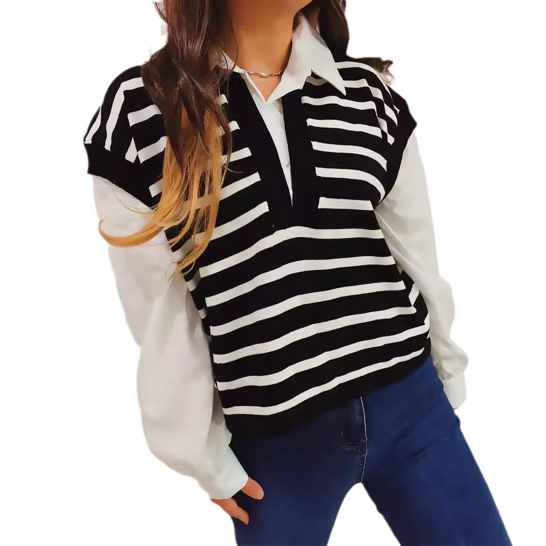 Damen lässiger Polo-Pullover mit gestreiften Design und leichten Puffärmeln EB