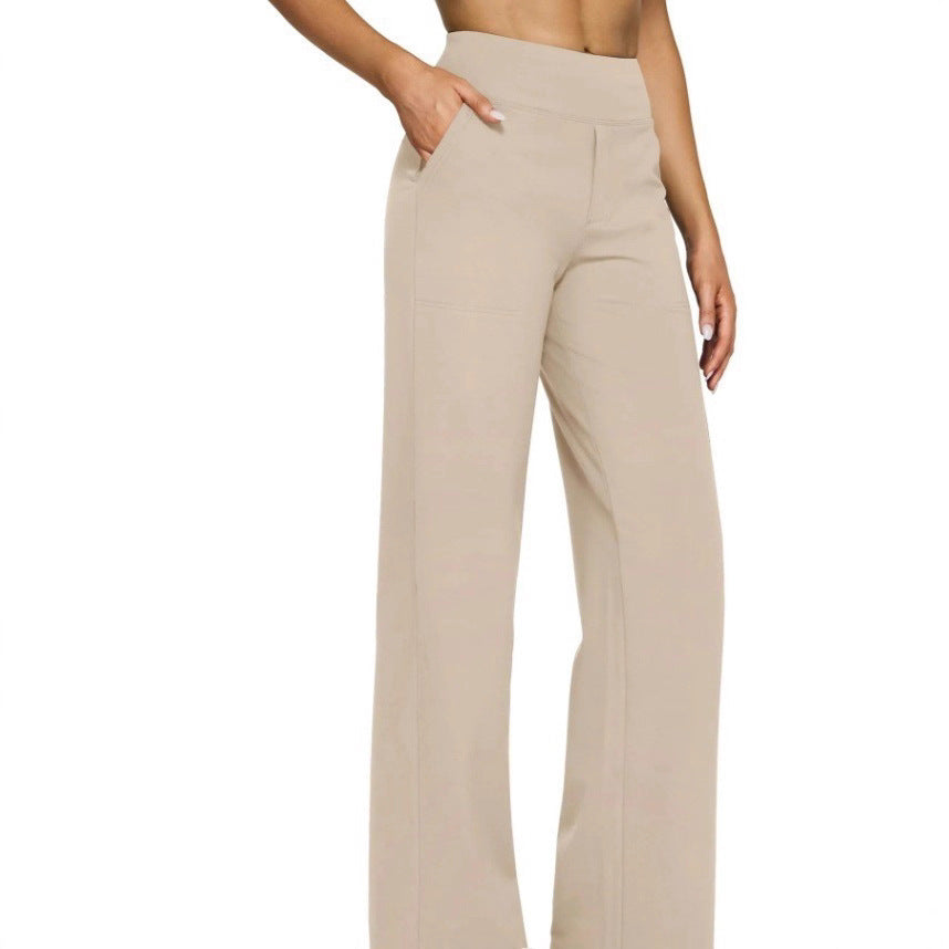 Damen nan fließende High-Waist-Hose mit extra weitem Bein, elastischem Komfortbund und Eingrifftaschen EB