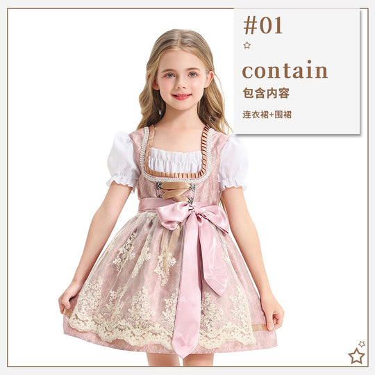 Damen nan festliches Kinderdirndl mit Spitzenoberteil, Satin-Schürze und Puffärmeln EB