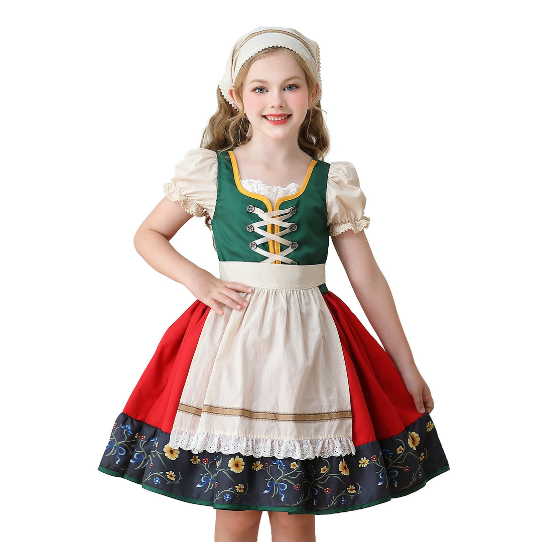 Damen nan traditionelles Kinderdirndl Kleid mit dekorativer Schnürung Schürze und Spitzenkopftuch EB