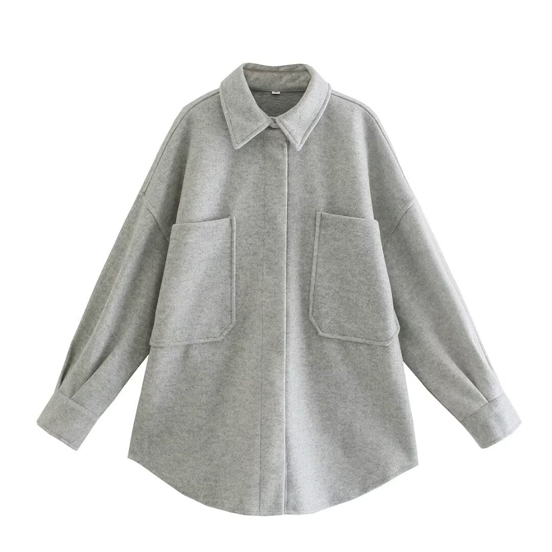 Damen Oversized Hemdjacke aus hochwertigem Wollmix mit praktischen Taschen EB