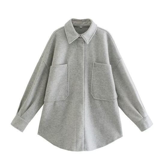 Damen Oversized Hemdjacke aus hochwertigem Wollmix mit praktischen Taschen EB