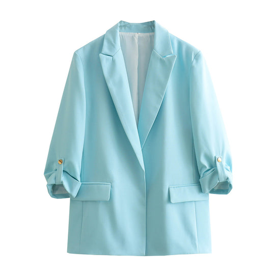 Damen elegante Blazerjacke mit strukturierten Ärmeln und dezenten Goldakzenten EB