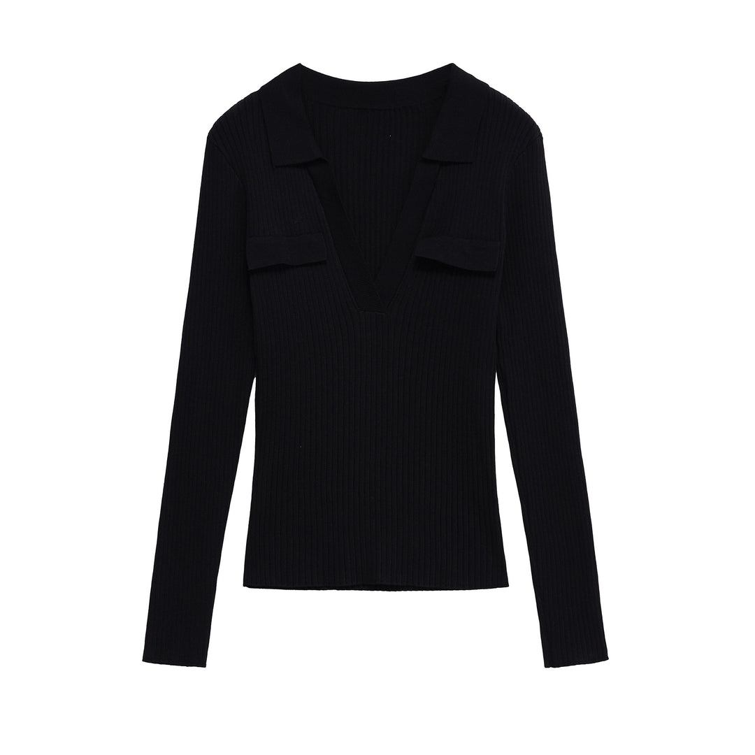 Damen Langarmshirt mit V-Ausschnitt und dekorativen Taschen EB