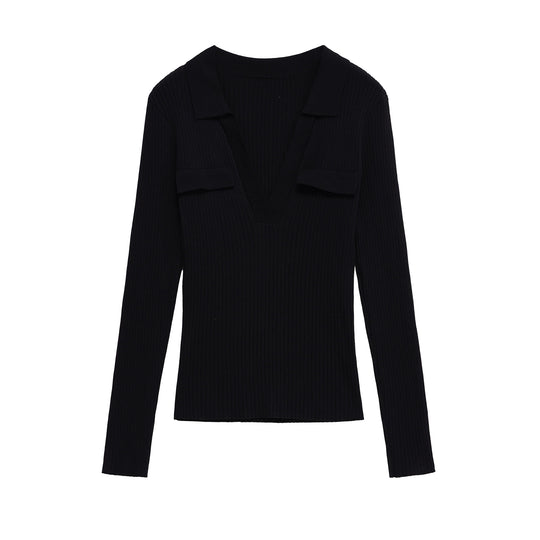 Damen Langarmshirt mit V-Ausschnitt und dekorativen Taschen EB