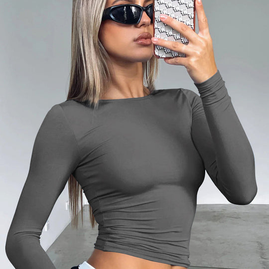 Damen modisches Langarm-Crop-Top mit Raffung EB