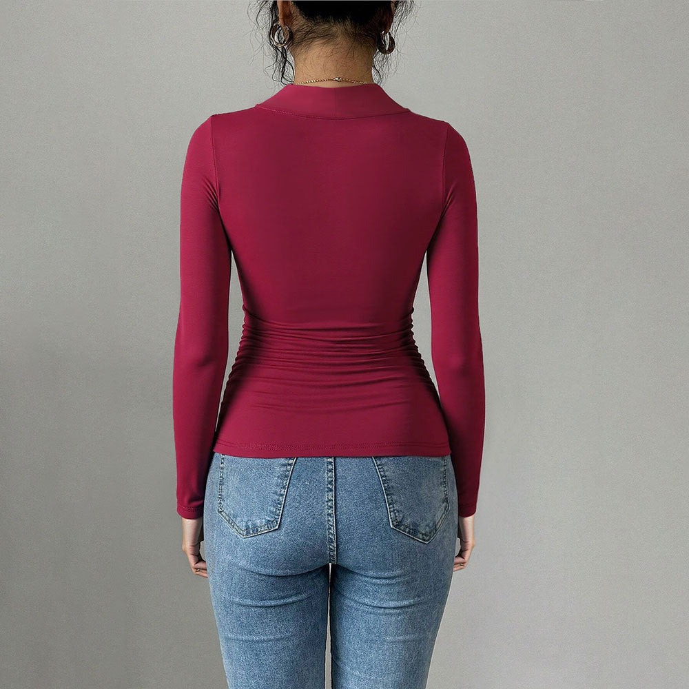 Damen figurbetontes Langarm-Top mit Herz-Ausschnitt, Zierring und Raffung Eichborn Berlin