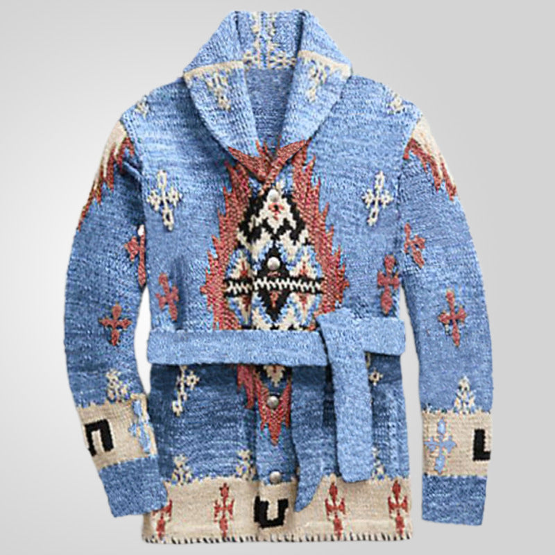 Damen gemütlicher Strickmantel mit dekorativem Muster und praktischem Gürtel EB