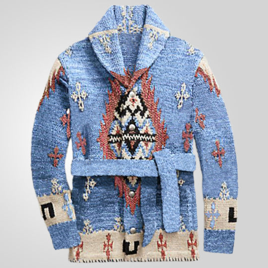 Damen gemütlicher Strickmantel mit dekorativem Muster und praktischem Gürtel EB