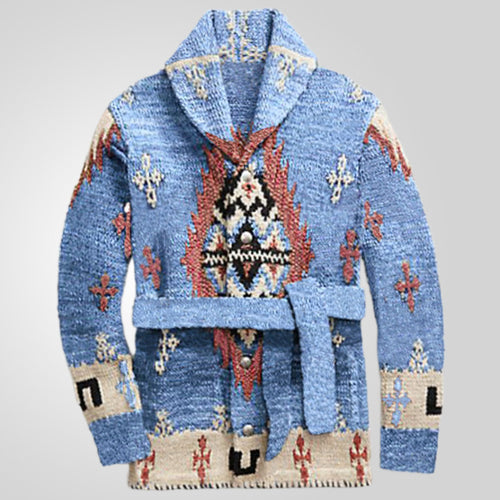 Damen gemütlicher Strickmantel mit dekorativem Muster und praktischem Gürtel EB