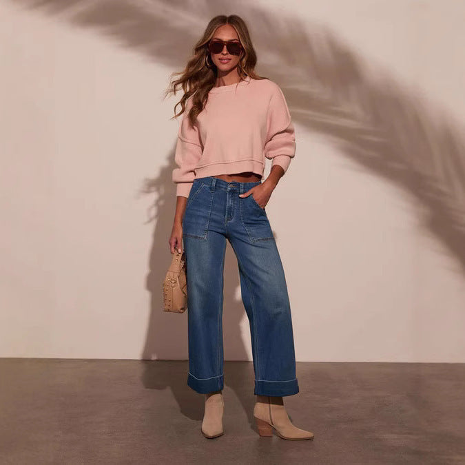Damen weit geschnittene Denim-Hose mit hohem Bund EB