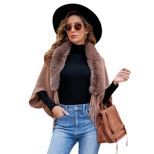Damen modischer Poncho mit luxuriösem Kunstfellkragen EB