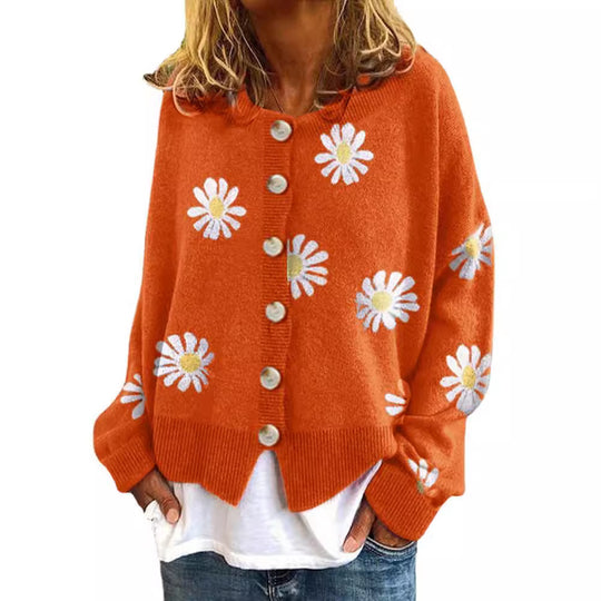 Damen Casual Strickjacke mit Blumendruck und Knopfdetails EB
