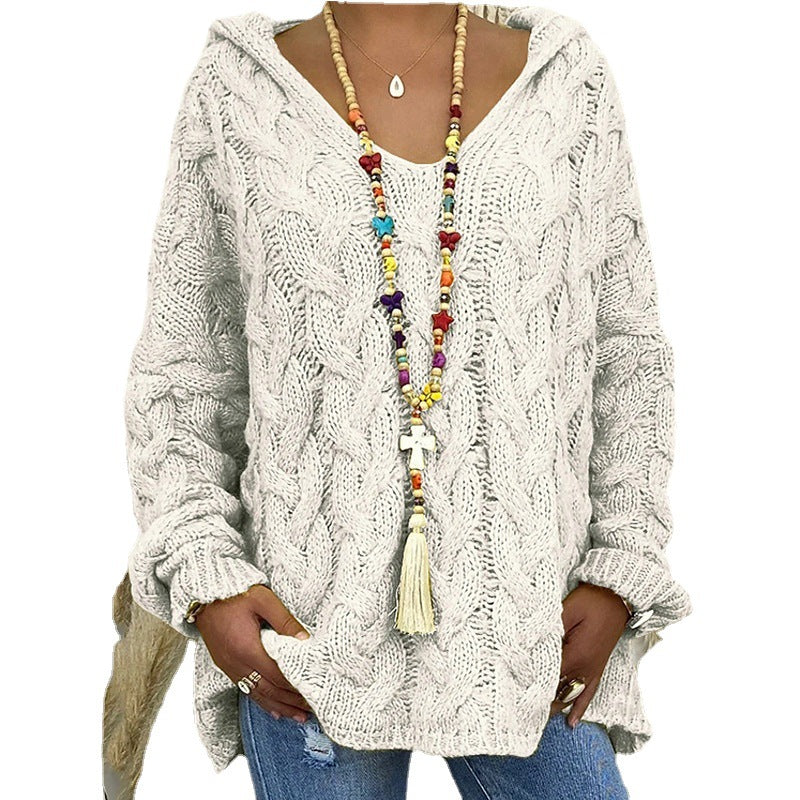 Damen nan grob gestrickter Kapuzenpullover mit Zopfmuster und weitem Oversize-Schnitt EB