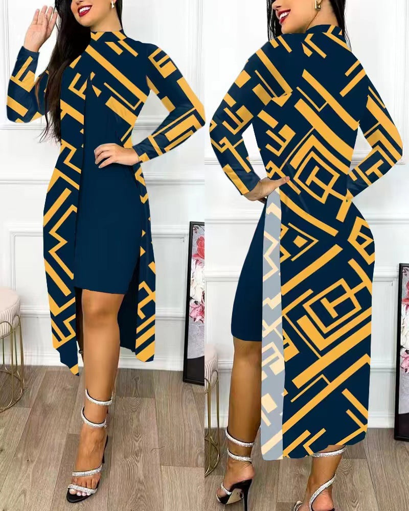 Damen elegantes Maxikleid mit asymmetrischem Schnitt und Grafischem Muster EB