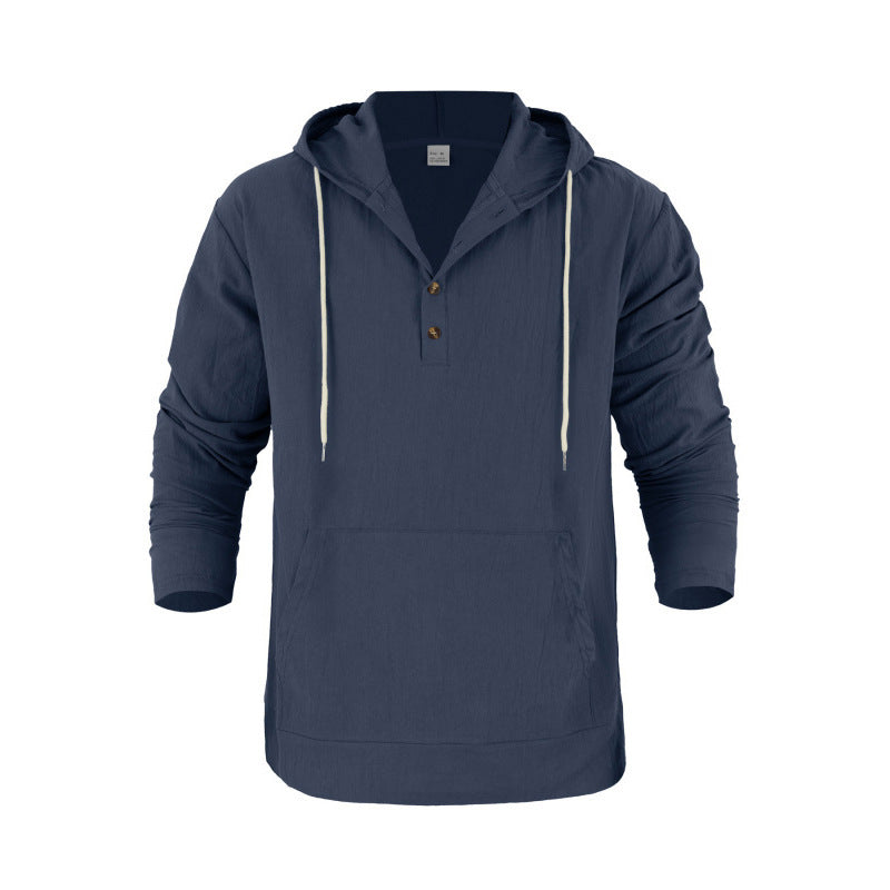 Herren nan Leinenoptik Henley-Kapuzenpullover mit Knopfleiste und Kängurutasche EB