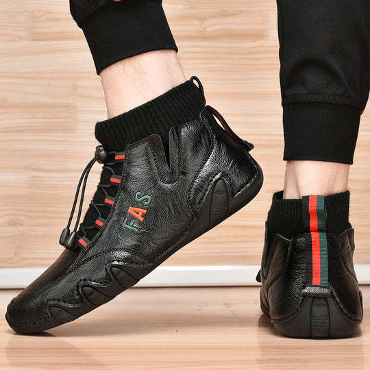 Damen Sportliche Leder Sneakers mit hohem Schaft und elastischer Schnürung EB