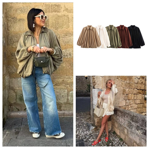 Damen leichtes Oversized-Blusenshirt mit Rüschendesign EB