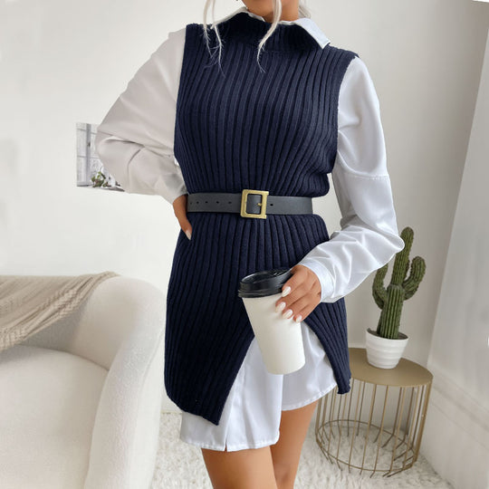 Damen Strickkleid mit Taillengürtel und seitlichen Schlitzen EB