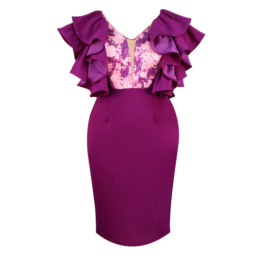 Damen Elegantes Kleid mit voluminösen Rüschen und figurbetonter Silhouette EB