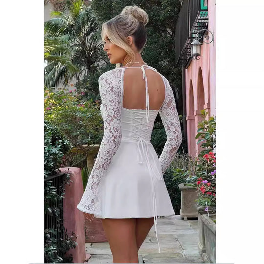 Damen Elegantes Spitzenkleid mit tiefem Ausschnitt und langen Ärmeln EB