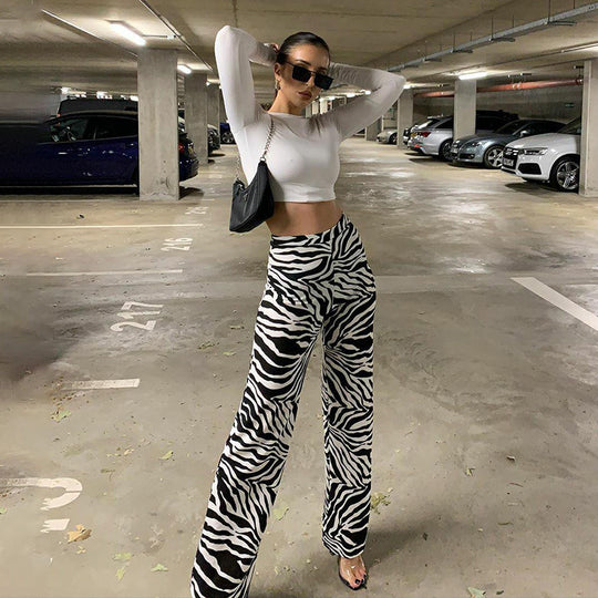 Damen Elegante Zebra-Print High-Waist Hose EB