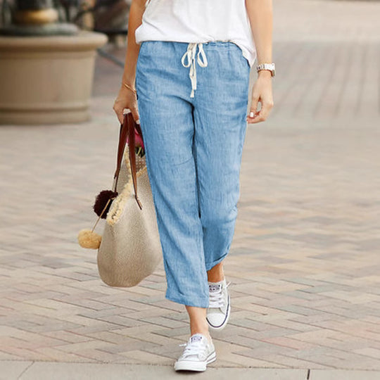 Damen nan leichte Leinenmisch-Hose mit Kordelzug, lockerer Culotte-Schnitt und knöchellangem Saum EB