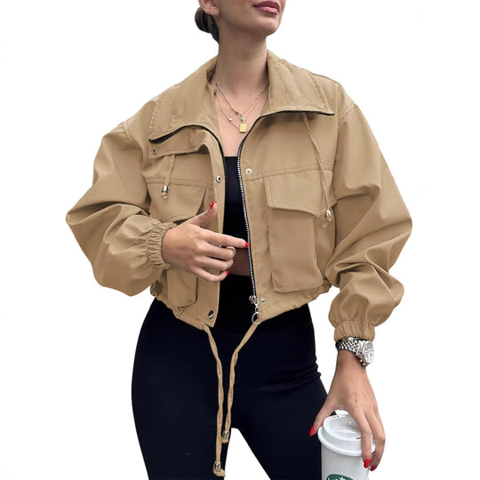 Damen nan kurze Utility-Jacke mit Kordelzug-Taillierung, Fronttaschen und Reißverschluss-Detail EB