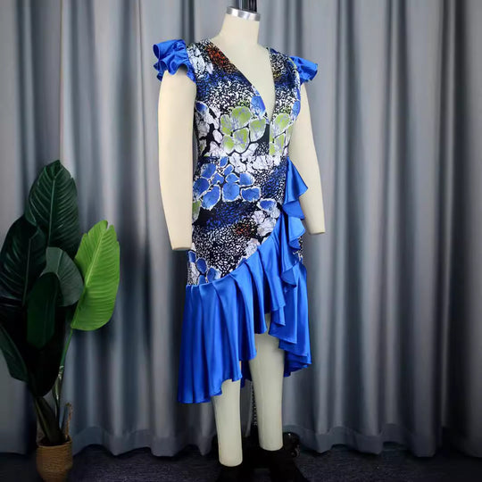Damen Festliches Kleid mit voluminösem Rüschensaum und tiefem V-Ausschnitt EB
