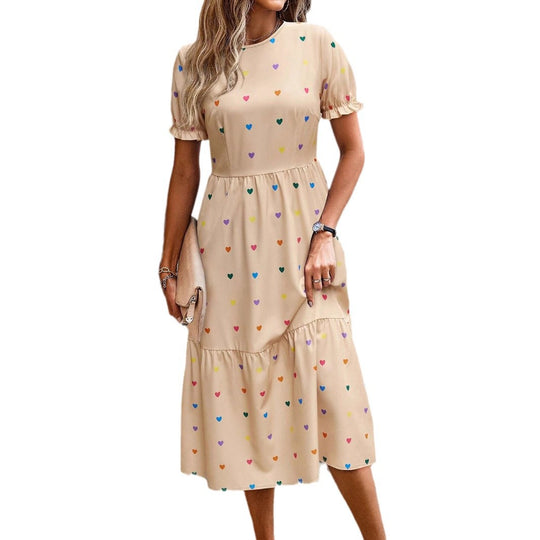 Damen Midi-Kleid mit buntem Herzdesign und verspieltem Volantschnitt EB