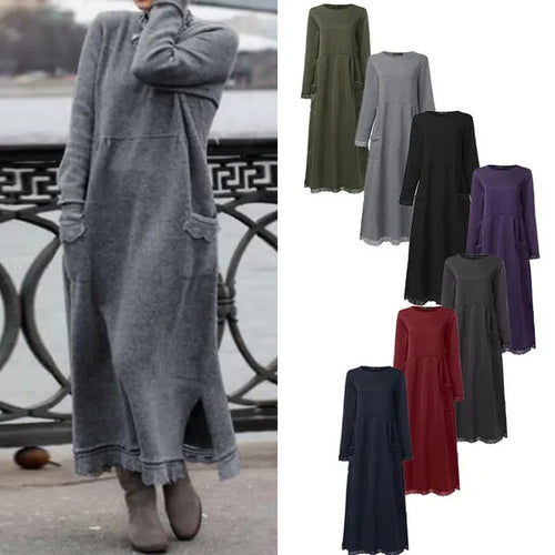 Damen nan langes Strickmaxikleid mit Seitenschlitzen und aufgesetzten Taschen EB