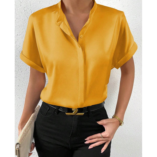 Damen elegante Kurzarmbluse mit asymmetrischem Kragen EB