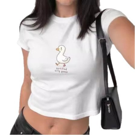 Damen figurbetontes Kurzarm-T-Shirt mit verspieltem Aufdruck EB
