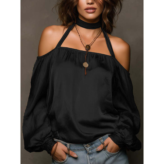Damen Off-Shoulder Bluse mit voluminösen Ärmeln und Choker EB