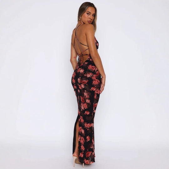 Damen Elegantes Maxikleid mit tiefem V-Ausschnitt und Spaghettiträgern EB