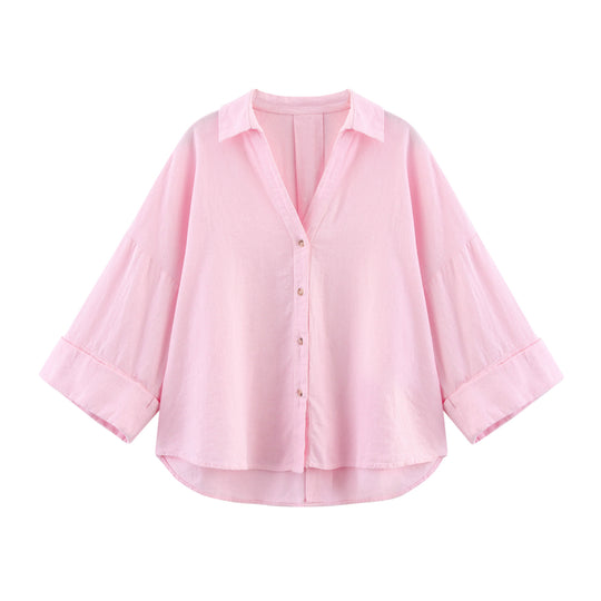 Damen nan oversized Streifen-Hemdbluse mit überschnittener Schulter, 3/4-Ärmel und verlängertem Rückensaum EB