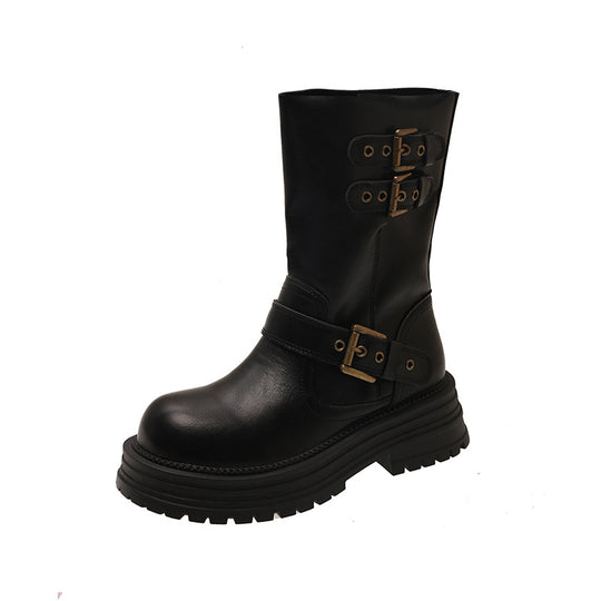 Damen Robuste Schnürstiefel mit dekorativen Schnallen und stabiler Sohle EB