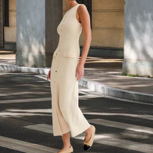 Damen Strickmaxikleid mit Knopfleiste und seitlichen Schlitzen EB