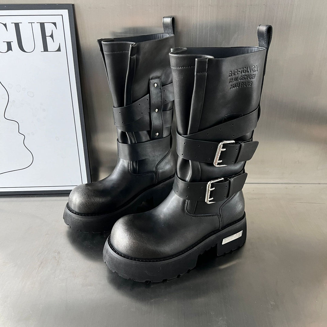 Damen Modische Biker-Stiefel mit robustem Profil und verstellbaren Schnallen EB