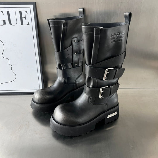 Damen Modische Biker-Stiefel mit robustem Profil und verstellbaren Schnallen EB
