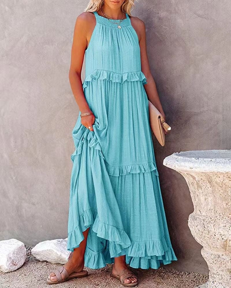 Damen Langärmeliges Maxikleid mit Rüschen und gerafftem Ausschnitt EB