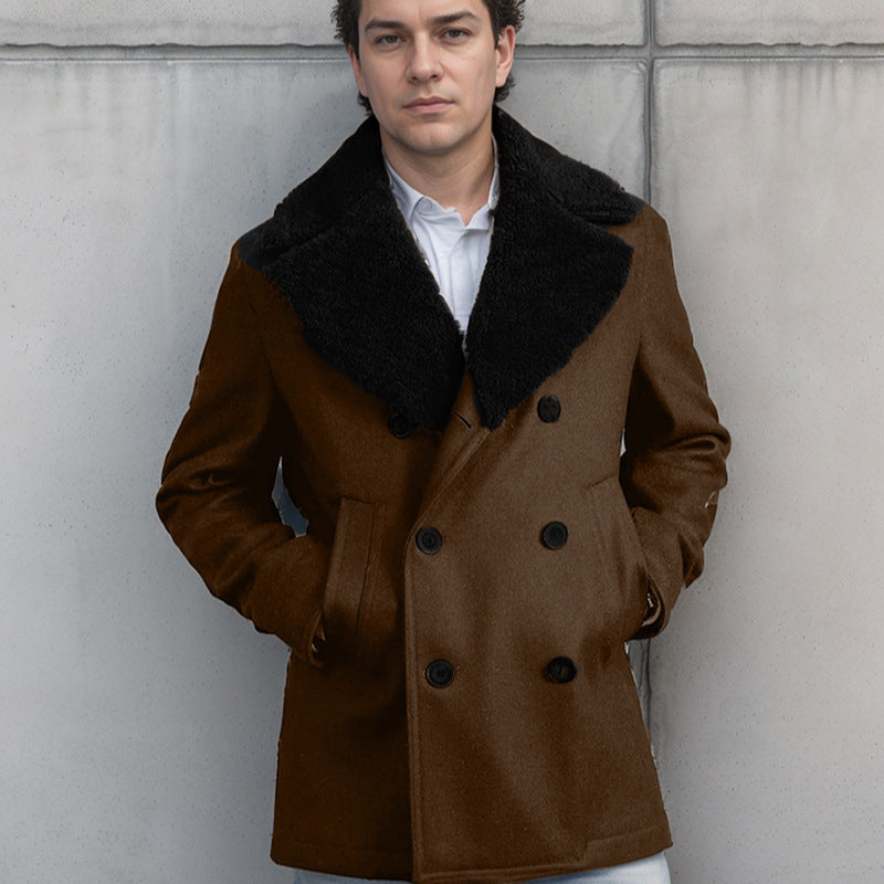 Herren elegante Wolle-Mantel mit hochgeschlossenem Fellkragen EB