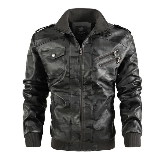 Herren Camouflage Kunstleder-Bomberjacke mit Reißverschluss-Brusttaschen und Rippbündchen EB