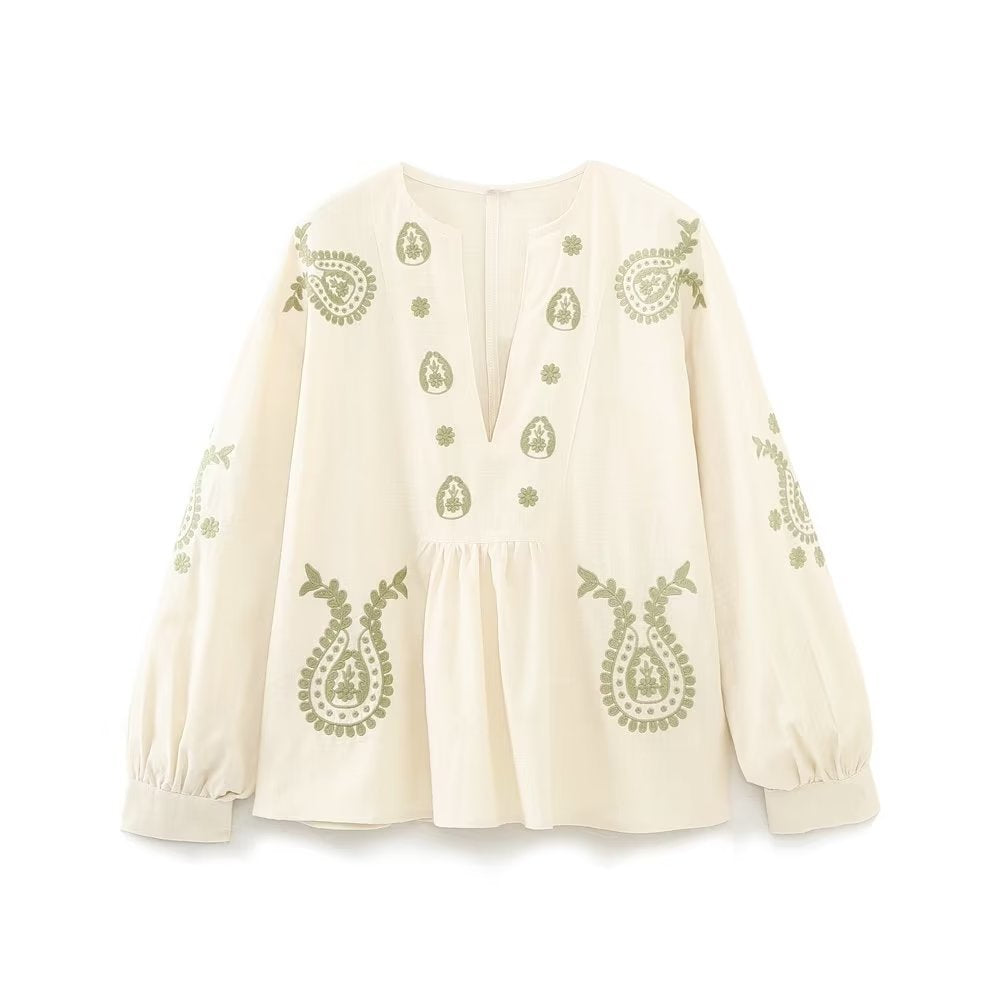 Damen nan bestickte Tunika-Bluse mit Paisley-Stickereien, V-Ausschnitt und voluminösen Ballonärmeln EB